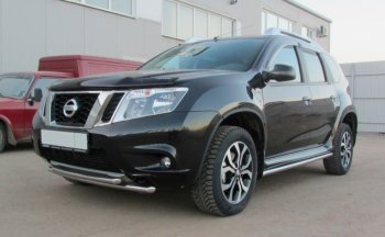 Защита переднего бампера Slitkoff (Ø 42+Ø 42, двойная). Nissan Terrano  D10 (2013-2022) дорестайлинг, рестайлинг (Нержавеющая сталь)