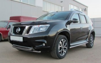 Защита переднего бампера Slitkoff (Ø 42+Ø 42, двойная). Nissan Terrano  D10 (2013-2016) дорестайлинг (Сталь с полимерным покрытием. Цвет: серебристый)