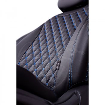12 799 р. Чехлы для сидений Lord Autofashion Байрон (экокожа, 60/40, 2 П- и 1 Г-образных подголовника)  Nissan Terrano  D10 (2013-2016), Renault Duster  HS (2010-2015) (Черный, вставка черная, строчка синяя)  с доставкой в г. Майкоп. Увеличить фотографию 3