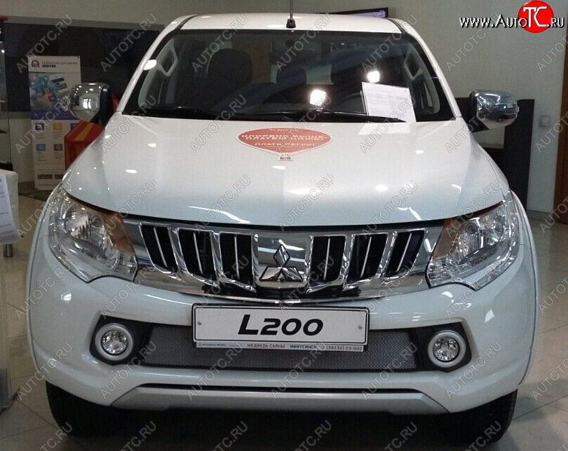 3 149 р. Защитная сетка в бампер (низ, ячейка 3х7 мм) Alfeco Стандарт Mitsubishi L200 5 KK,KL дорестайлинг (2015-2019) (Хром)  с доставкой в г. Майкоп