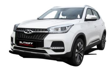 Защита переднего бампера d57+d42 двойная Slitkoff Chery Tiggo 4 (2018-2023) 1-ый рестайлинг (нержавейка с полимерным покрытием в цвет черный)