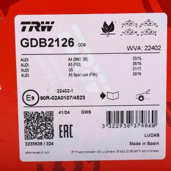 8 599 р. Колодки тормозные AUDI A4 (15-) передние (4шт.) TRW TRW gdb2126  с доставкой в г. Майкоп. Увеличить фотографию 5