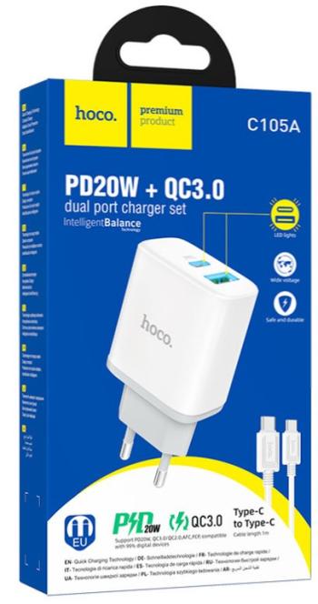 469 р. Устройство зарядное в розетку 1USB + 1 Type C 220V HOCO HOCO c105a white  с доставкой в г. Майкоп. Увеличить фотографию 5
