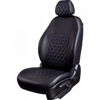 Комплект чехлов для сидений (к.Elegance РЗС 4060+ подлок. 3Г Илана+Орегон) ТУРИН ст РОМБ Lord Autofashion Skoda Octavia  A7 (2012-2020) дорестайлинг лифтбэк, дорестайлинг универсал, рестайлинг лифтбэк, рестайлинг универсал (черный, вставка синяя, строчка синяя)