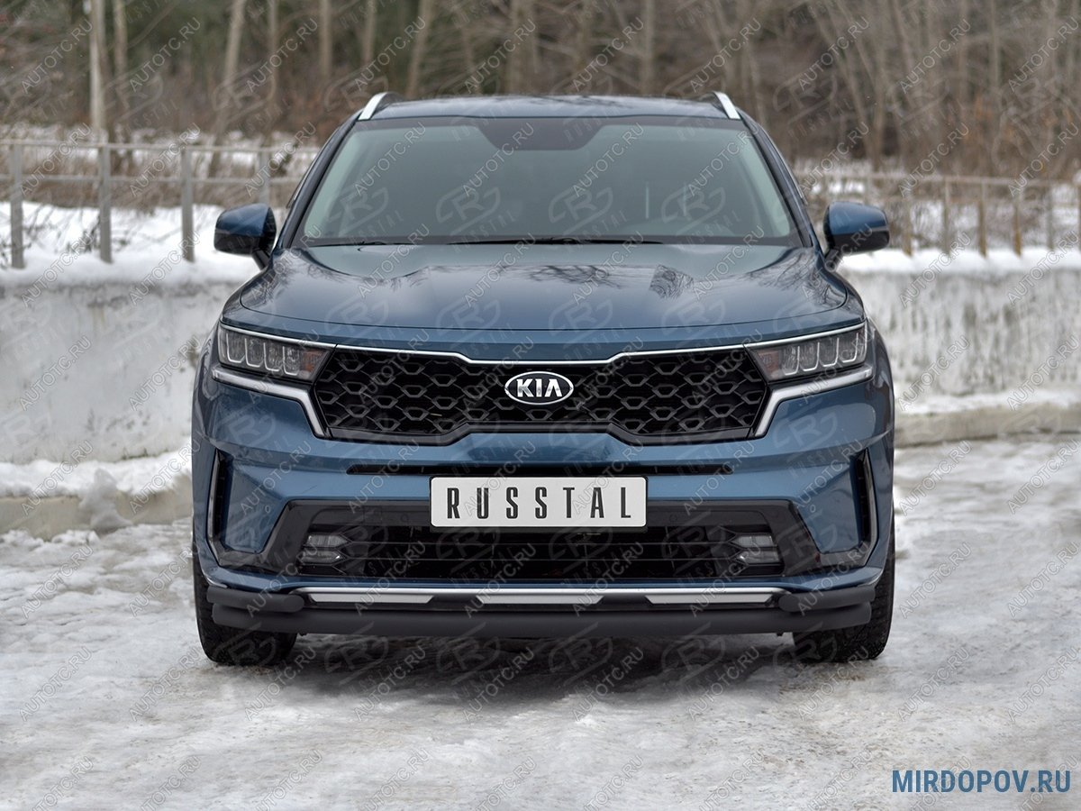 12 949 р. Защита переднего бампера d63 секции-d42 уголки SLITKOFF KIA Sorento MQ4 (2020-2022) (нержавейка окрашенная в черный цыет)  с доставкой в г. Майкоп