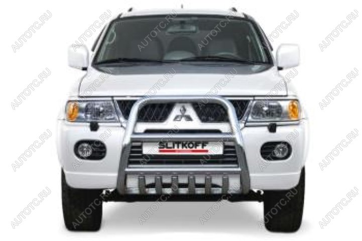 18 399 р. Защита переднего бампера кенгурятник d57 высокий Slitkoff  Mitsubishi Pajero Sport  PA (2004-2008) рестайлинг (Сталь с полимерным покрытием в цвет серебристый)  с доставкой в г. Майкоп