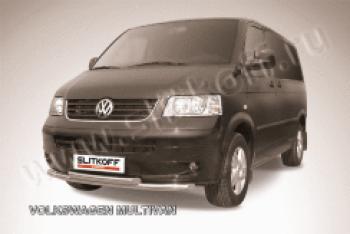 Защита переднего бампера d57+d57 двойная Slitkoff Volkswagen Multivan  T5 (2003-2015)  дорестайлинг, рестайлинг (Сталь с полимерным покрытием в цвет серебристый)