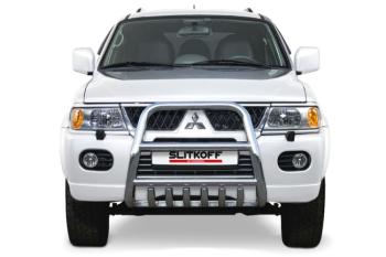 Защита переднего бампера кенгурятник d57 высокий с защитой картера Slitkoff Mitsubishi Pajero Sport PA рестайлинг (2004-2008) (нержавейка полированная)