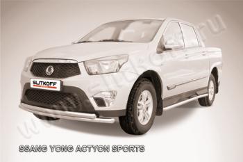 Защита переднего бампера d57+d57 двойная радиусная Slitkoff SSANGYONG Actyon Sport (2012-2025) (нержавейка полированная)