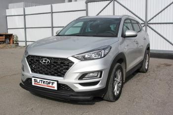 Защита переднего бампера d57+d42 двойная Slitkoff Hyundai Tucson TL рестайлинг (2018-2021) (  Сталь с полимерным покрытием в цвет черный)