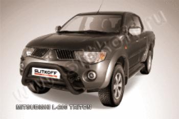 Защита переднего бампера кенгурятник d76 низкий (Triton) Slitkoff Mitsubishi L200  4 (2006-2014)  дорестайлинг ( Сталь с полимерным покрытием в цвет черный)