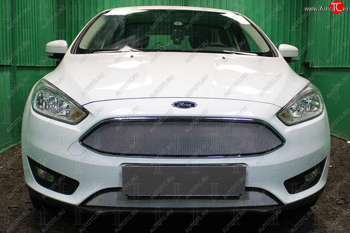 2 899 р. Защитная сетка в бампер (низ, ячейка 3х7 мм) Alfeco Стандарт Ford Focus 3 хэтчбэк рестайлинг (2014-2019) (Хром)  с доставкой в г. Майкоп