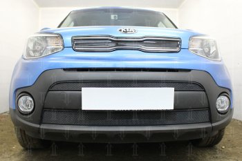 Защитная сетка в бампер (2 части, ячейка 3х7 мм) Alfeco Стандарт KIA Soul PS рестайлинг (2017-2019) (Чёрная)