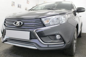4 379 р. Защитная сетка в бампер (верхние, 4 части, ячейка 3х7 мм) Alfeco Стандарт Лада Веста SW 2181 универсал дорестайлинг (2017-2022) (Хром)  с доставкой в г. Майкоп. Увеличить фотографию 4