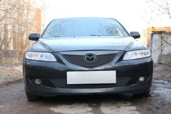 Защитная сетка в бампер (верх, ячейка 3х7 мм) Alfeco Стандарт Mazda 6 GG лифтбэк дорестайлинг (2002-2005) (Чёрная)