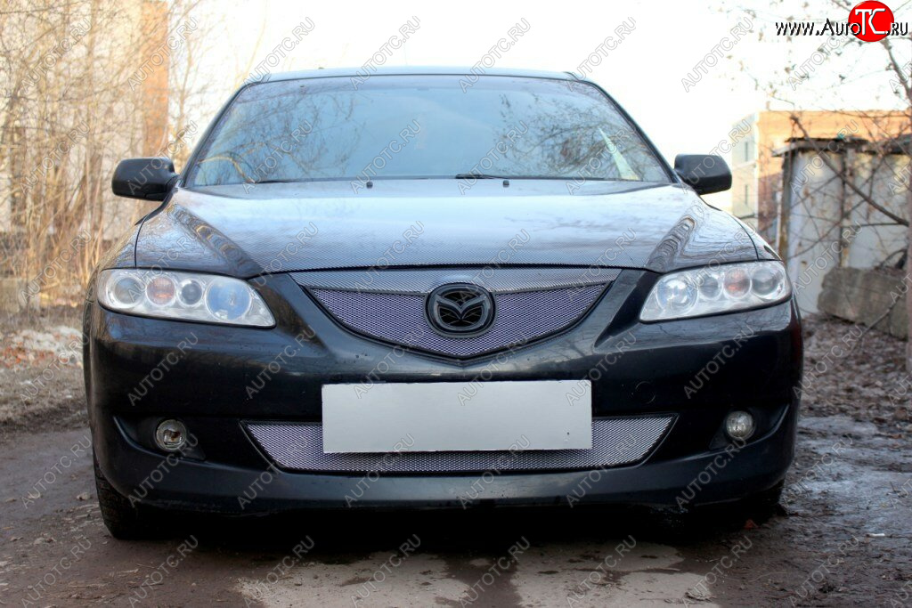 3 199 р. Защитная сетка в бампер (верх, ячейка 3х7 мм) Alfeco Стандарт Mazda 6 GG лифтбэк дорестайлинг (2002-2005) (Хром)  с доставкой в г. Майкоп