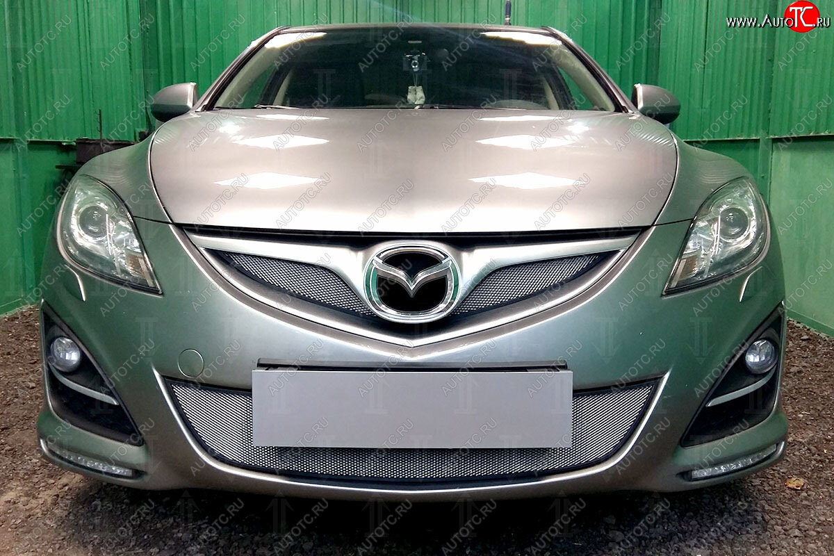 3 099 р. Защитная сетка в бампер (низ, ячейка 3х7 мм) Alfeco Стандарт Mazda 6 GH рестайлинг седан (2010-2012) (Хром)  с доставкой в г. Майкоп