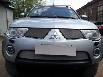 Защитная сетка в бампер (низ, ячейка 3х7 мм) Alfeco Стандарт Mitsubishi L200 4  дорестайлинг (2006-2014) (Хром)