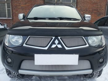 Защитная сетка в бампер (низ, ячейка 3х7 мм) Alfeco Стандарт Mitsubishi L200 4  дорестайлинг (2006-2014) (Хром)