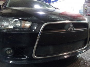 5 849 р. Защитная сетка в бампер (3 части, ячейка 3х7 мм) Alfeco Стандарт Mitsubishi Lancer 10 CY седан рестайлинг (2011-2017) (Чёрная)  с доставкой в г. Майкоп. Увеличить фотографию 3