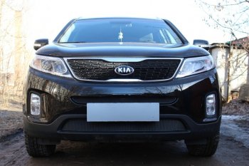 Защитная сетка в бампер (низ, ячейка 4х10 мм) Alfeco Премиум KIA Sorento XM рестайлинг (2012-2015) (Чёрная)