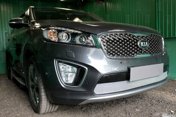 4 549 р. Защитная сетка в бампер (низ, ячейка 4х10 мм) Alfeco Премиум KIA Sorento UM/Prime дорестайлинг (2014-2018) (Хром)  с доставкой в г. Майкоп. Увеличить фотографию 2