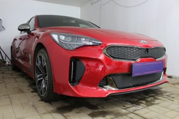 Защитная сетка в бампер (верх, ячейка 4х10 мм) Alfeco Премиум KIA Stinger (2017-2025) (Чёрная)