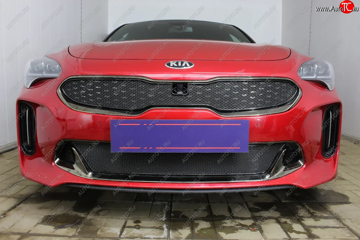 4 099 р. Защитная сетка в бампер (низ, ячейка 4х10 мм) Alfeco Премиум KIA Stinger (2017-2025) (Чёрная)  с доставкой в г. Майкоп