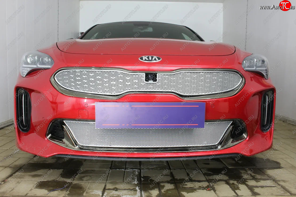 4 299 р. Защитная сетка в бампер (низ, ячейка 4х10 мм) Alfeco Премиум KIA Stinger (2017-2025) (Хром)  с доставкой в г. Майкоп