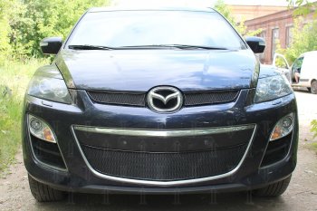 Защитная сетка в бампер (низ, ячейка 4х10 мм) Alfeco Премиум Mazda CX-7 ER рестайлинг (2010-2012) (Чёрная)