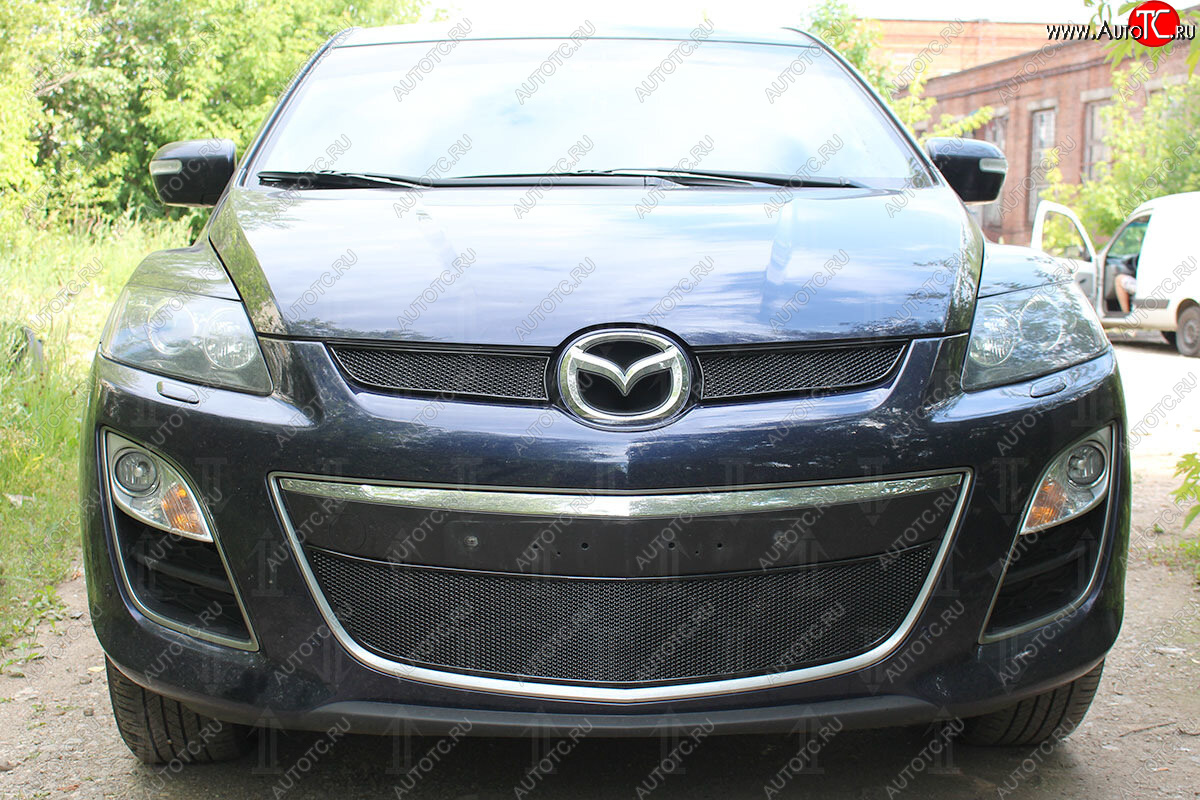 4 299 р. Защитная сетка в бампер (низ, ячейка 4х10 мм) Alfeco Премиум Mazda CX-7 ER рестайлинг (2010-2012) (Чёрная)  с доставкой в г. Майкоп