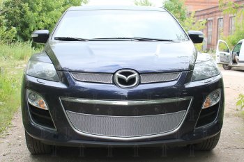 Защитная сетка в бампер (верх, 2 части, ячейка 4х10 мм) Alfeco Премиум Mazda CX-7 ER рестайлинг (2010-2012) (Хром)