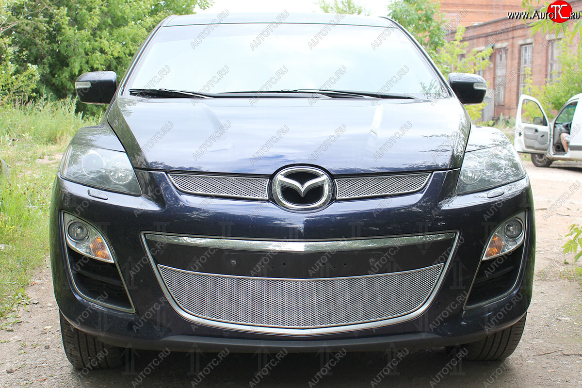 4 299 р. Защитная сетка в бампер (низ, ячейка 4х10 мм) Alfeco Премиум Mazda CX-7 ER рестайлинг (2010-2012) (Хром)  с доставкой в г. Майкоп