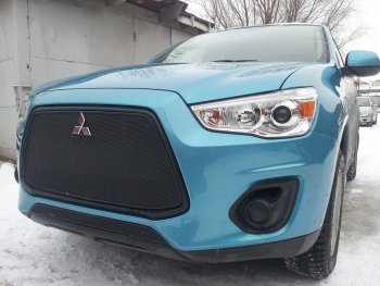 5 999 р. Защитная сетка в бампер (верх, ячейка 4х10 мм) Alfeco Премиум Mitsubishi ASX 1-ый рестайлинг (2013-2016) (Чёрная)  с доставкой в г. Майкоп. Увеличить фотографию 3