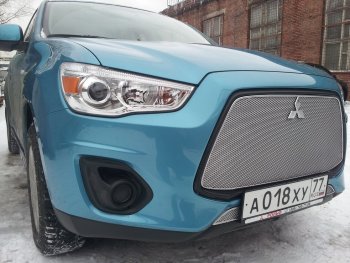 6 199 р. Защитная сетка в бампер (верх, ячейка 4х10 мм) Alfeco Премиум Mitsubishi ASX 1-ый рестайлинг (2013-2016) (Хром)  с доставкой в г. Майкоп. Увеличить фотографию 2