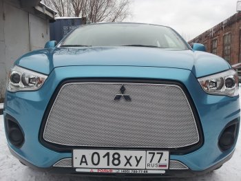 6 199 р. Защитная сетка в бампер (верх, ячейка 4х10 мм) Alfeco Премиум Mitsubishi ASX 1-ый рестайлинг (2013-2016) (Хром)  с доставкой в г. Майкоп. Увеличить фотографию 4