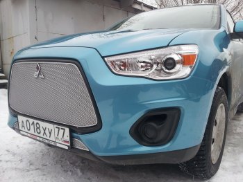 6 199 р. Защитная сетка в бампер (верх, ячейка 4х10 мм) Alfeco Премиум Mitsubishi ASX 1-ый рестайлинг (2013-2016) (Хром)  с доставкой в г. Майкоп. Увеличить фотографию 3