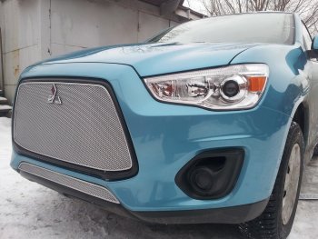 3 599 р. Защитная сетка в бампер (низ, ячейка 4х10 мм) Alfeco Премиум Mitsubishi ASX 1-ый рестайлинг (2013-2016) (Хром)  с доставкой в г. Майкоп. Увеличить фотографию 2