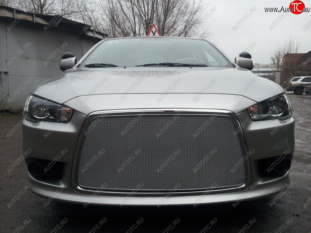 6 199 р. Защитная сетка в бампер (ячейка 3х7 мм) Alfeco Стандарт Mitsubishi Lancer 10 CY седан рестайлинг (2011-2017) (Хром)  с доставкой в г. Майкоп