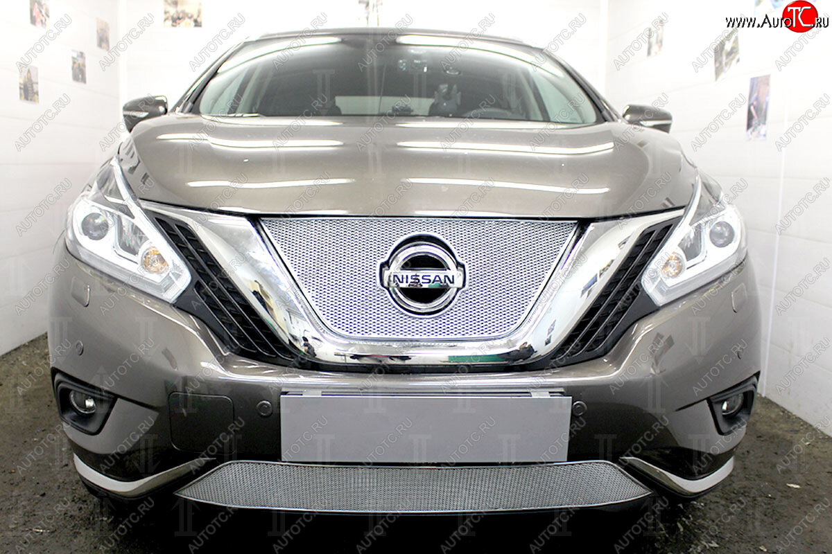 4 649 р. Защитная сетка в бампер (низ, ячейка 4х10 мм) Стрелка11 Премиум Nissan Murano 3 Z52 дорестайлинг (2015-2022) (Хром)  с доставкой в г. Майкоп