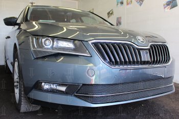 6 749 р. Защитная сетка в бампер (низ, 2 части, ячейка 4х10 мм) Стрелка11 Премиум Skoda Superb B8 (3V5) универсал дорестайлинг (2015-2019) (Чёрная)  с доставкой в г. Майкоп. Увеличить фотографию 3
