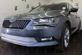 6 999 р. Защитная сетка в бампер (низ, 2 части, ячейка 4х10 мм) Стрелка11 Премиум Skoda Superb B8 (3V5) универсал дорестайлинг (2015-2019) (Хром)  с доставкой в г. Майкоп. Увеличить фотографию 3