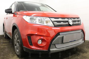 7 249 р. Защитная сетка в бампер (низ, 2 части, ячейка 4х10 мм) Стрелка11 Премиум Suzuki Vitara LY дорестайлинг (2015-2019) (Хром)  с доставкой в г. Майкоп. Увеличить фотографию 2