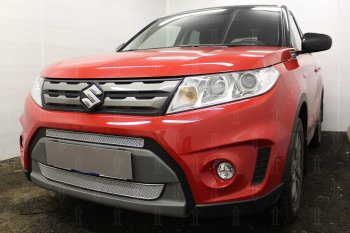 7 249 р. Защитная сетка в бампер (низ, 2 части, ячейка 4х10 мм) Стрелка11 Премиум Suzuki Vitara LY дорестайлинг (2015-2019) (Хром)  с доставкой в г. Майкоп. Увеличить фотографию 3