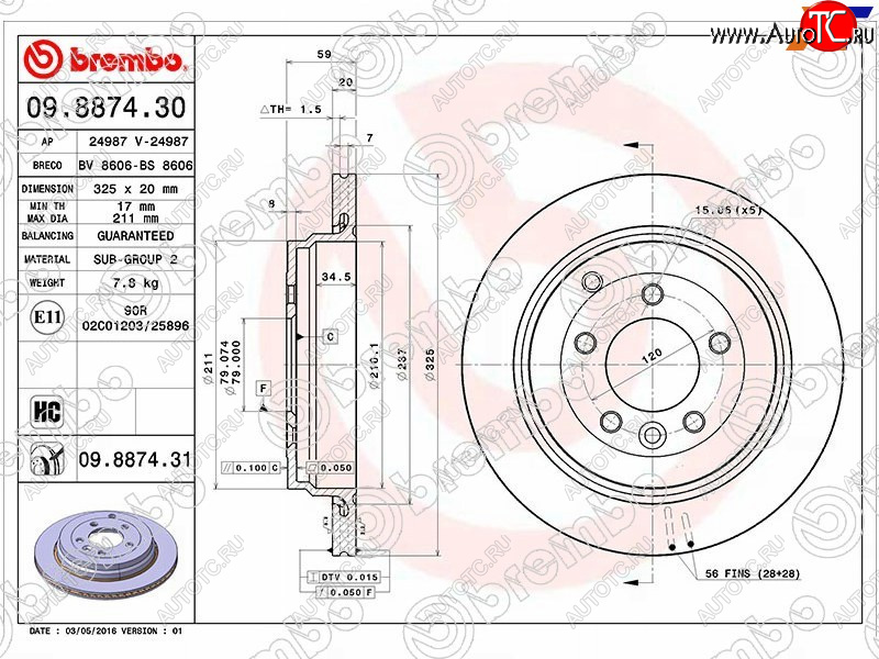 5 849 р. Задний тормозной диск (вентилируемый, d 325) BREMBO дизель Land Rover Discovery 3 L319 (2004-2009)  с доставкой в г. Майкоп