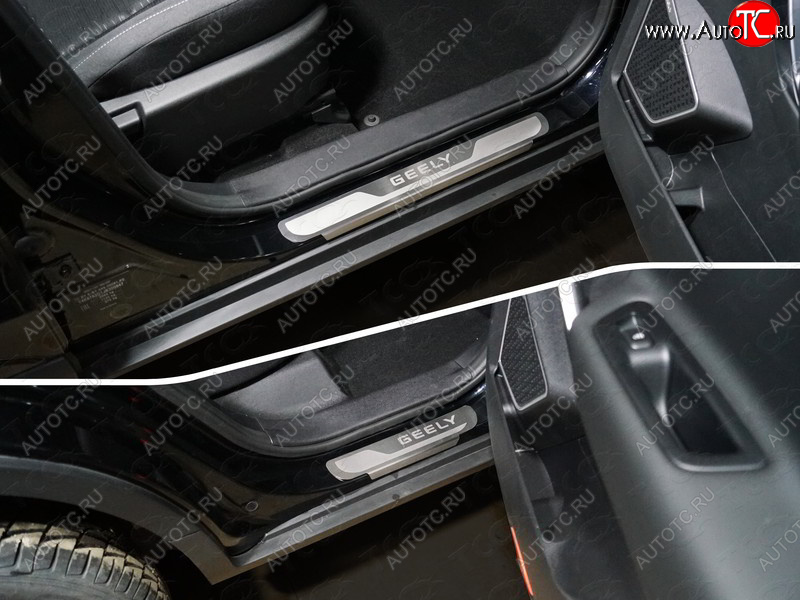 4 999 р. Накладки на пороги, ТСС Тюнинг  Geely Atlas  NL3 (2016-2022) (лист шлифованный надпись Geely)  с доставкой в г. Майкоп