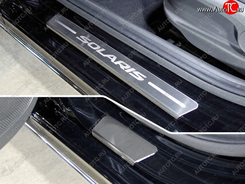 2 999 р. Накладки на пороги, ТСС Тюнинг  Hyundai Solaris  HCR (2017-2020) седан дорестайлинг (лист шлифованный надпись Solaris)  с доставкой в г. Майкоп