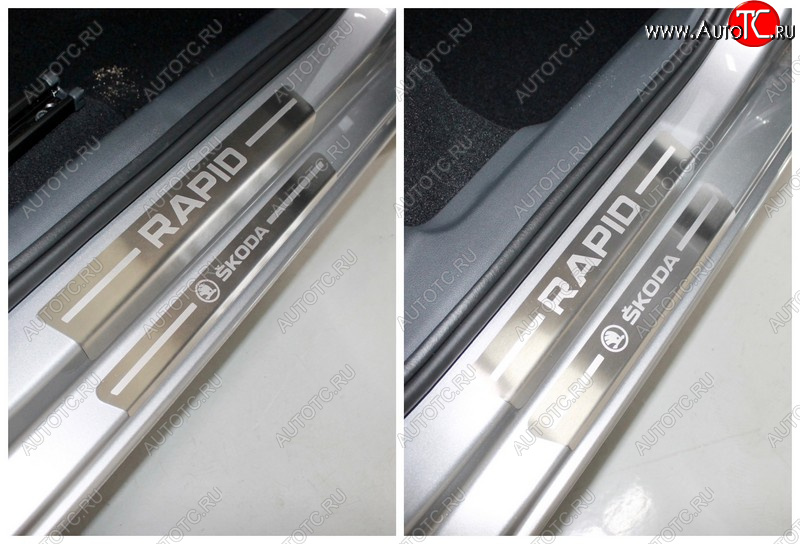7 349 р. Накладки на пороги внутренние и внешние ТСС Тюнинг  Skoda Rapid  MK2 (2019-2025) (лист шлифованный надпись Skoda Rapid)  с доставкой в г. Майкоп