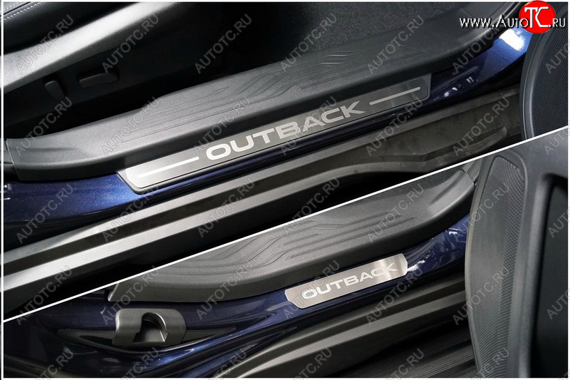 3 499 р. Накладки на пластиковые пороги, ТСС Тюнинг  Subaru Outback  BT (2019-2025) универсал (лист шлифованный надпись Outback)  с доставкой в г. Майкоп