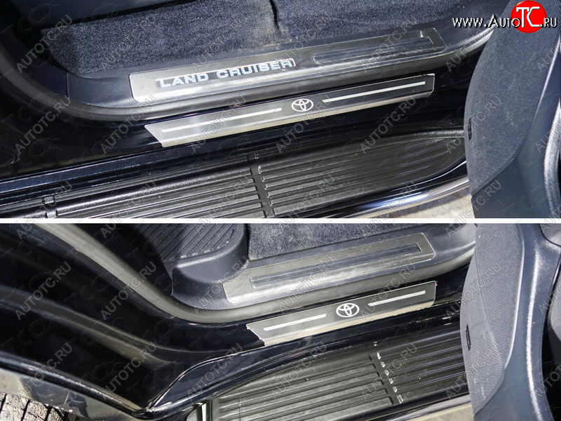 4 999 р. Накладки на пороги с гибом, ТСС Тюнинг  Toyota Land Cruiser  200 (2015-2021) 2-ой рестайлинг (лист шлифованный логотип Toyota)  с доставкой в г. Майкоп